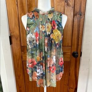 Deletta Anthropologie Feminine Floral Sleeveless Top XS Flowy Smocked Ruffle
